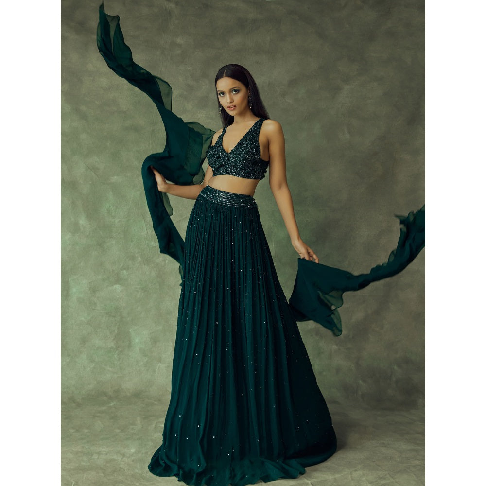 Pritika Vora Forest Green Hand Embroidered Lehenga with Ruffle Dupatta & Blouse (Set of 3)