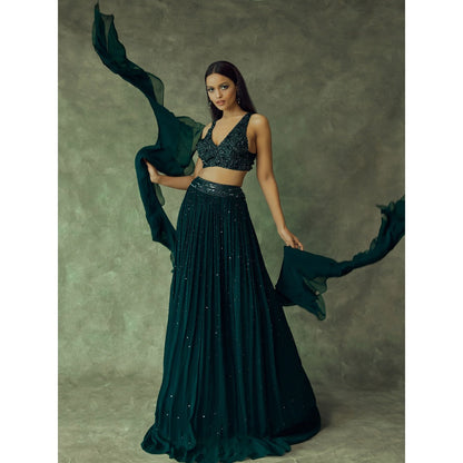 Pritika Vora Forest Green Hand Embroidered Lehenga with Ruffle Dupatta & Blouse (Set of 3)