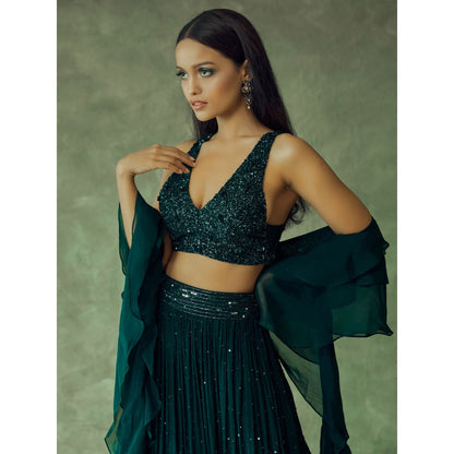 Pritika Vora Forest Green Hand Embroidered Lehenga with Ruffle Dupatta & Blouse (Set of 3)