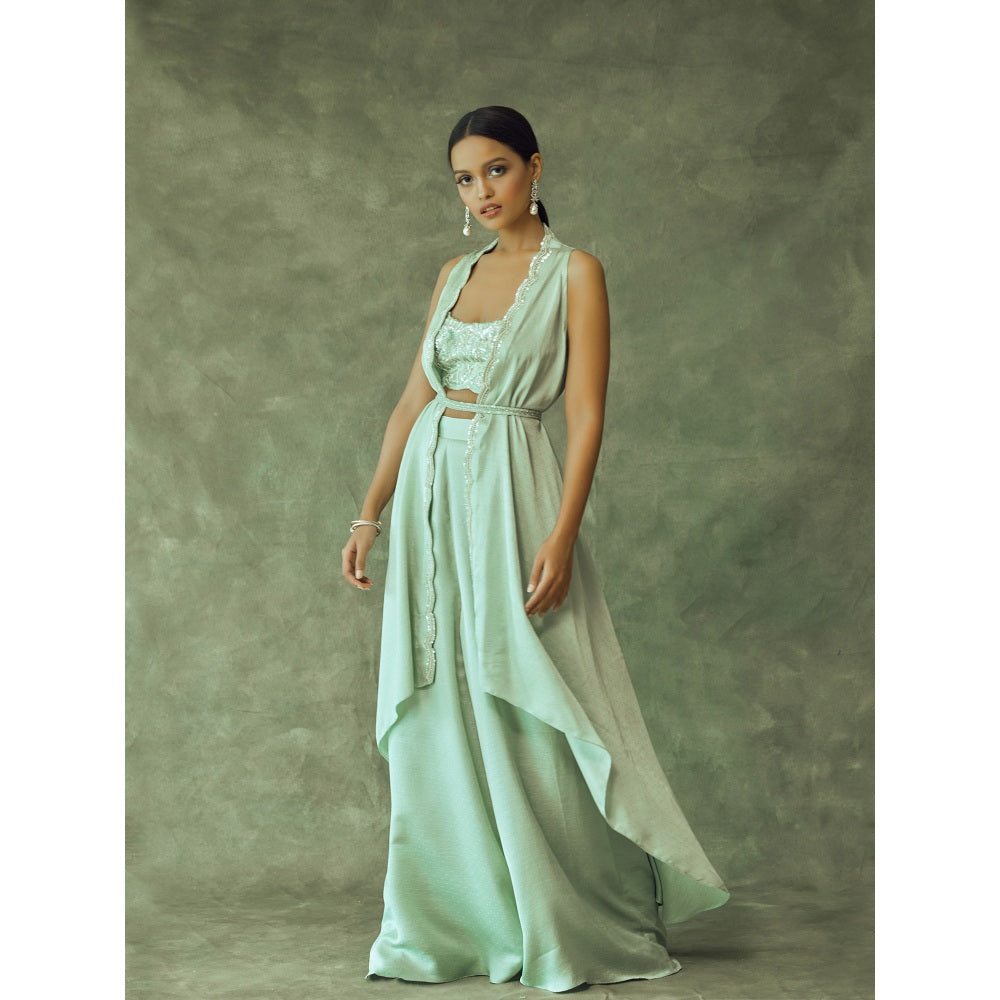 Pritika Vora Sage Green Hand Embroidered Fusion Crop Top - Palazzo with Coat & Belt (Set of 4)