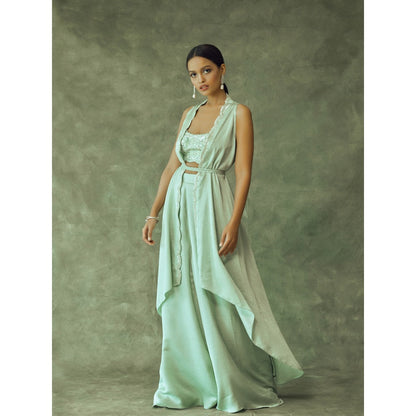 Pritika Vora Sage Green Hand Embroidered Fusion Crop Top - Palazzo with Coat & Belt (Set of 4)
