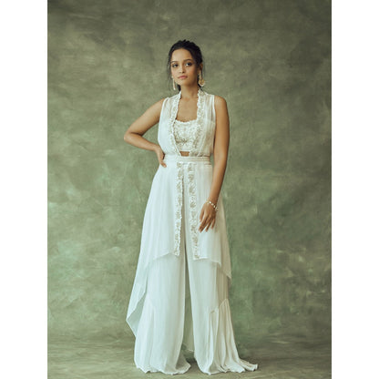 Pritika Vora White Hand Embroidered Fusion Crop Top - Palazzo with Coat & Belt (Set of 4)