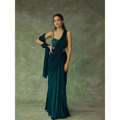 Pritika Vora Forest Green Draped Saree with Blouse with Stitched