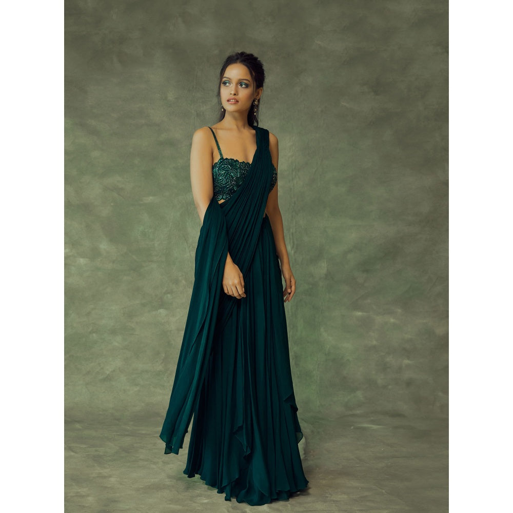 Pritika Vora Forest Green Draped Saree with Blouse with Stitched