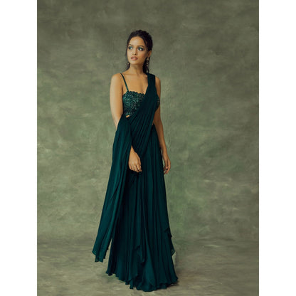 Pritika Vora Forest Green Draped Saree with Blouse with Stitched