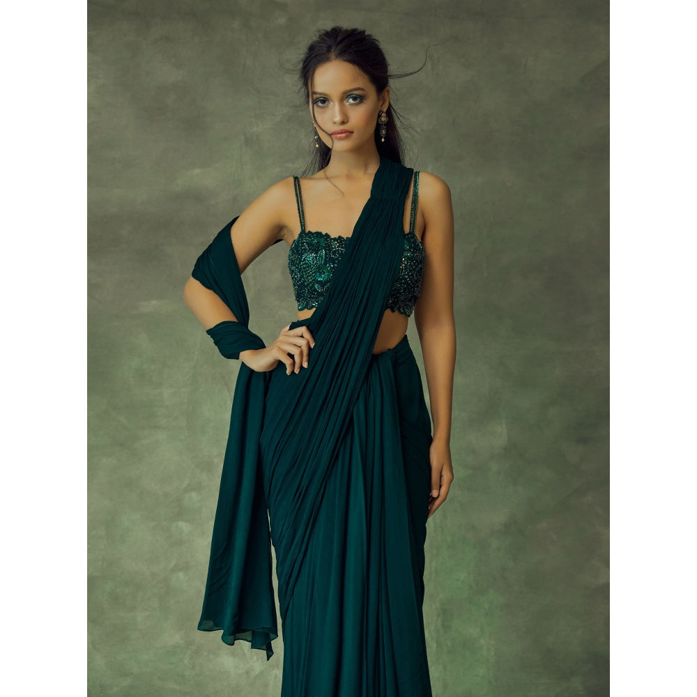 Pritika Vora Forest Green Draped Saree with Blouse with Stitched