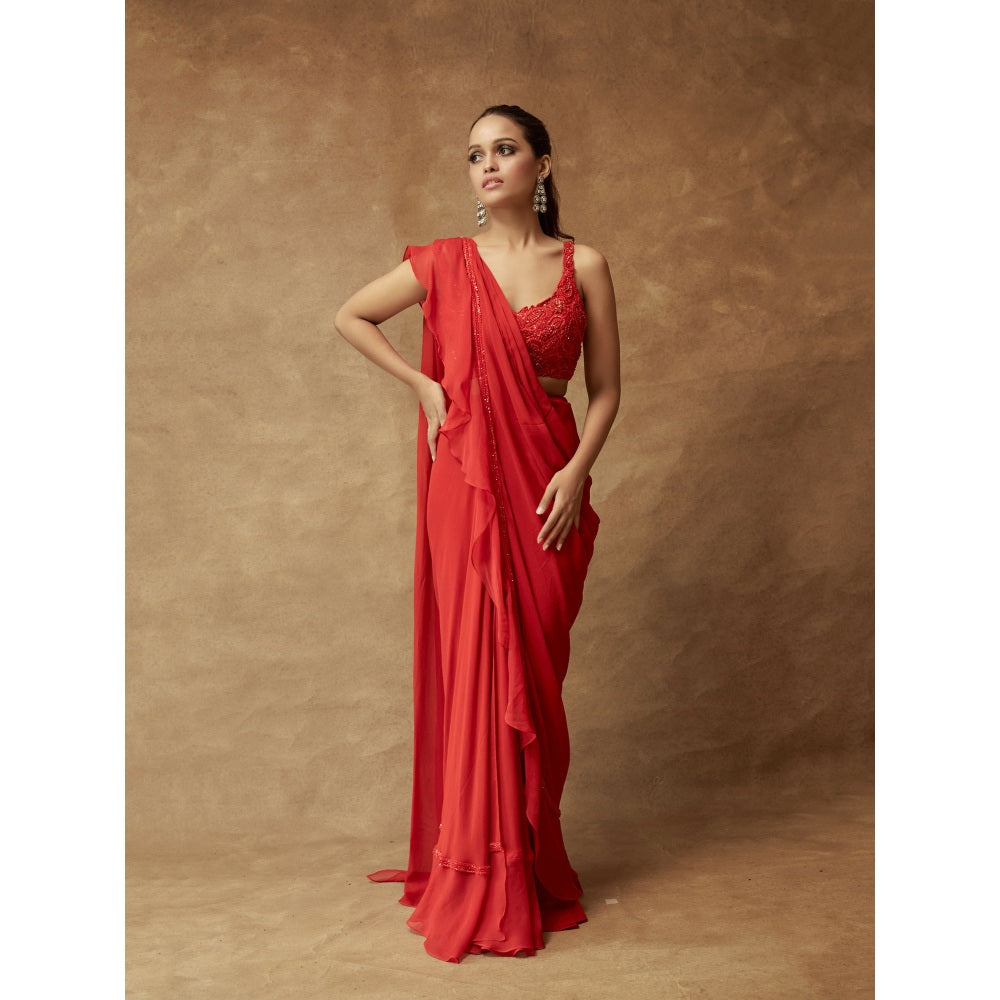 Pritika Vora Red Ruffle Saree with Three Dimensional Hand Embroidered Blouse with Stitched