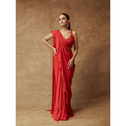 Pritika Vora Red Ruffle Saree with Three Dimensional Hand Embroidered Blouse with Stitched