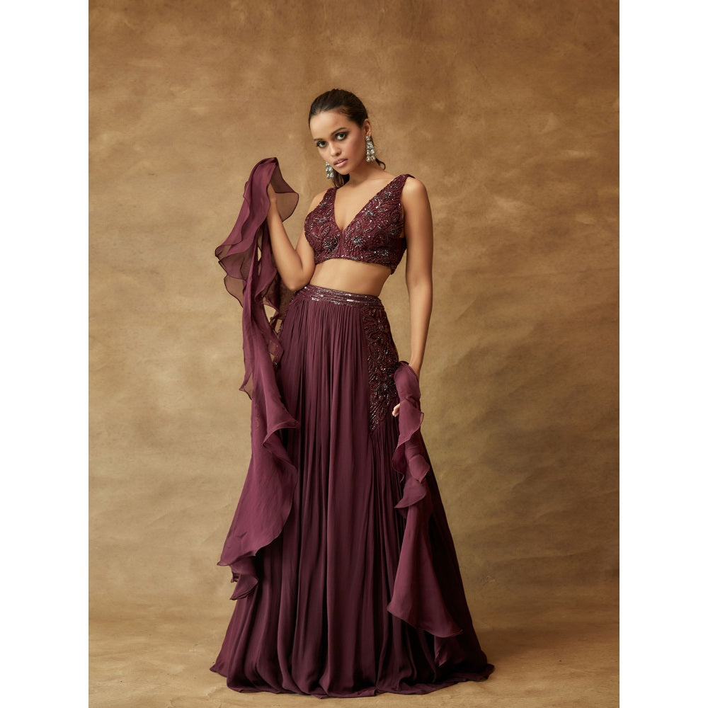 Pritika Vora Burgundy Lehenga with Hand Embroidered with Blouse & Dupatta (Set of 3)