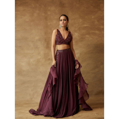 Pritika Vora Burgundy Lehenga with Hand Embroidered with Blouse & Dupatta (Set of 3)