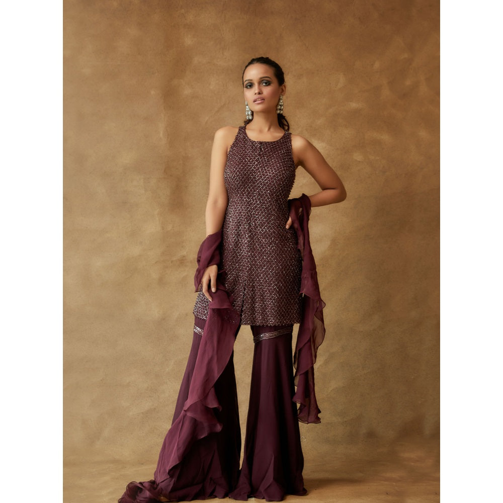 Pritika Vora Maroon Crystal Embroidered Sharara with Kurta & Ruffle Dupatta (Set of 3)