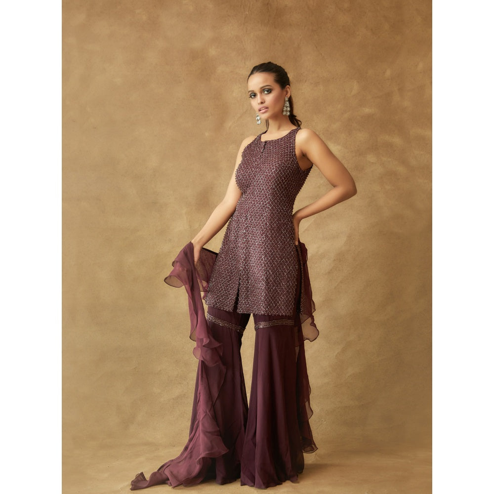 Pritika Vora Maroon Crystal Embroidered Sharara with Kurta & Ruffle Dupatta (Set of 3)