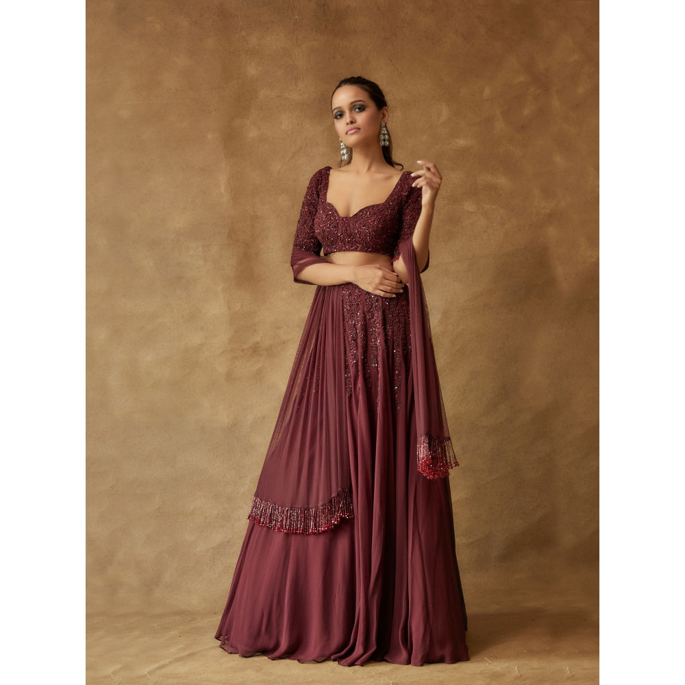 Pritika Vora Rosewood Corset Style Blouse with Lehenga & Tassel Dupatta (Set of 3)