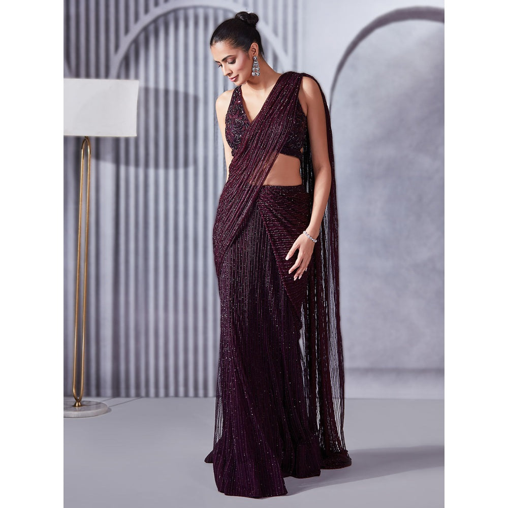 Pritika Vora Deep Wine Hand Embellished Saree with Blouse with Stitched