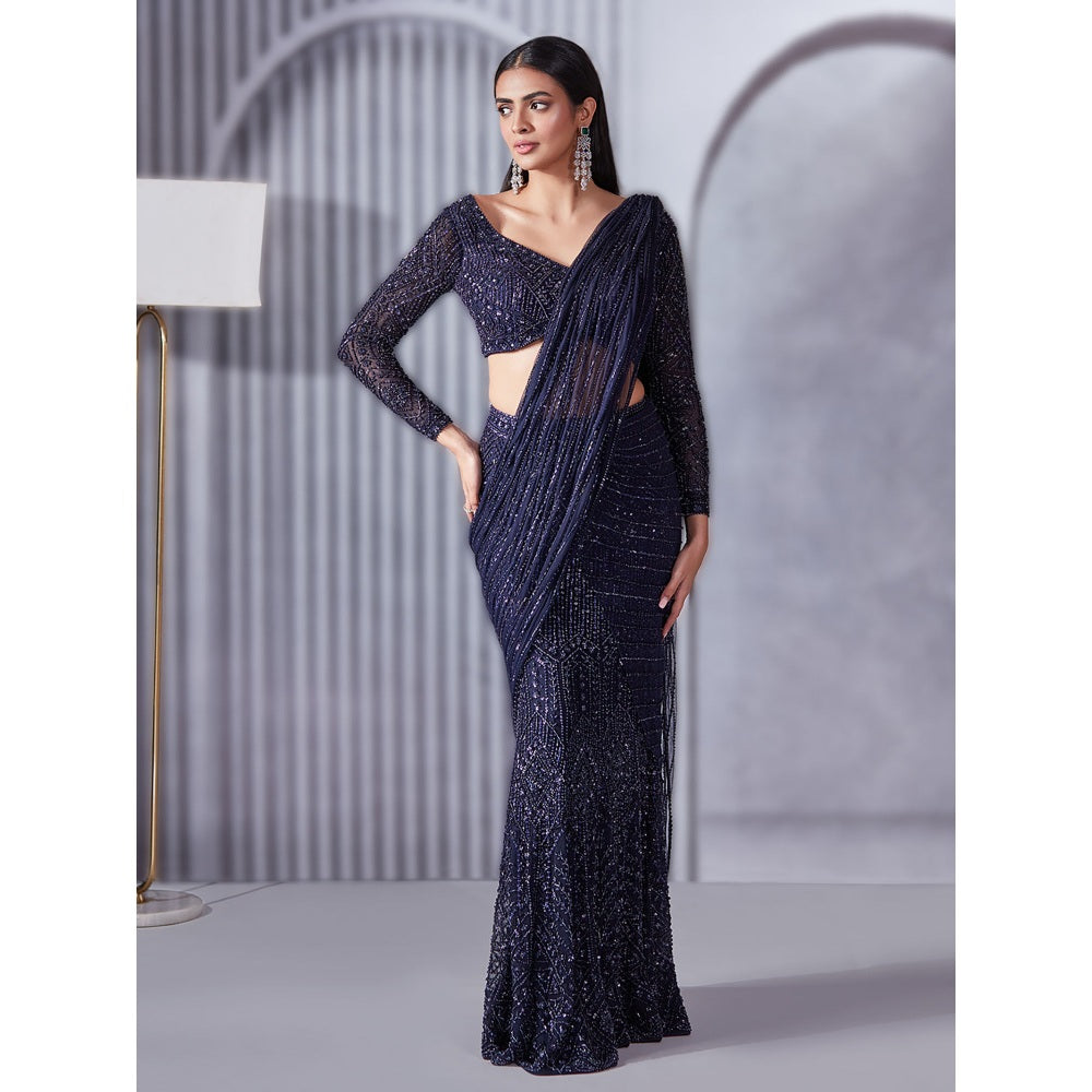 Pritika Vora Midnight Blue Embellished Saree with Blouse with Stitched