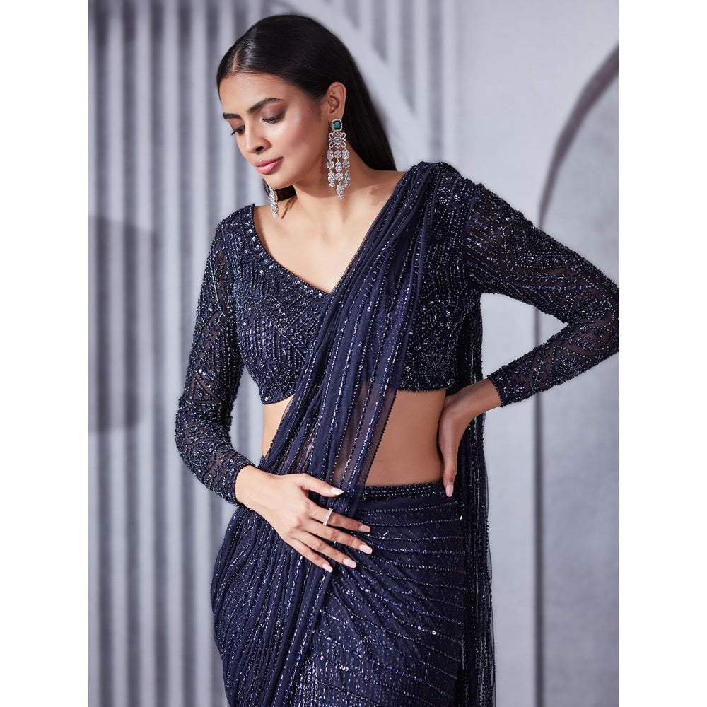 Pritika Vora Midnight Blue Embellished Saree with Blouse with Stitched