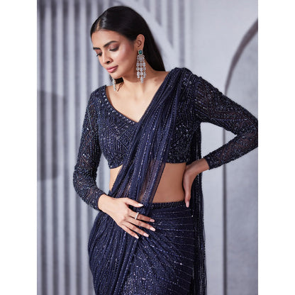 Pritika Vora Midnight Blue Embellished Saree with Blouse with Stitched