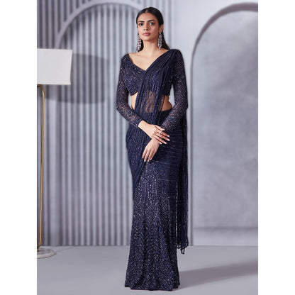 Pritika Vora Midnight Blue Embellished Saree with Blouse with Stitched