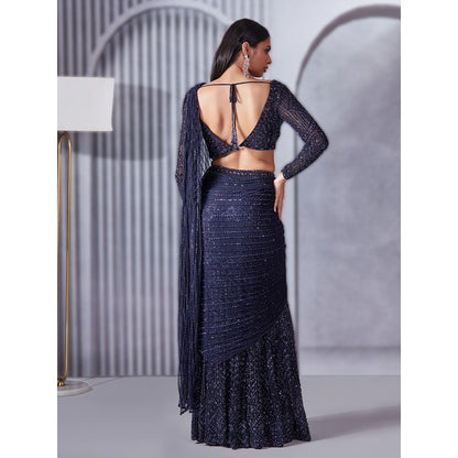 Pritika Vora Midnight Blue Embellished Saree with Blouse with Stitched