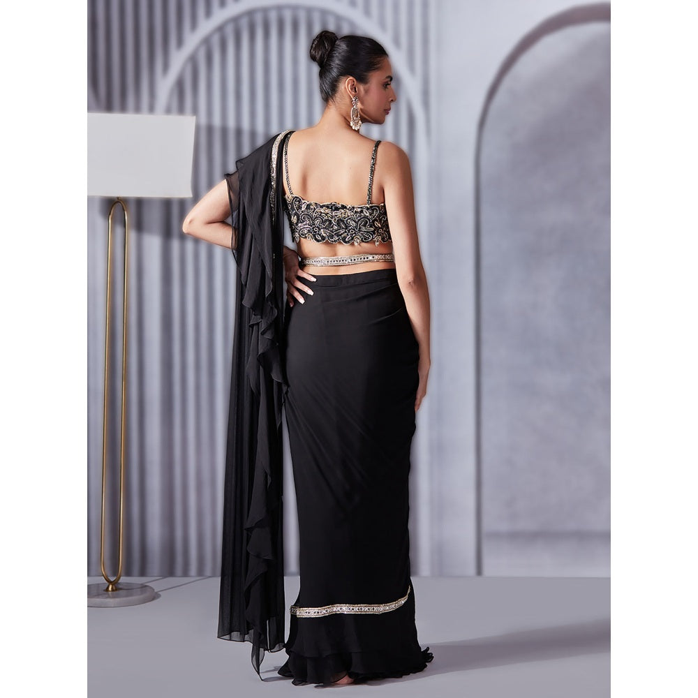 Pritika Vora Black Mirror Work Ruffle Saree with Blouse & Belt with Stitched