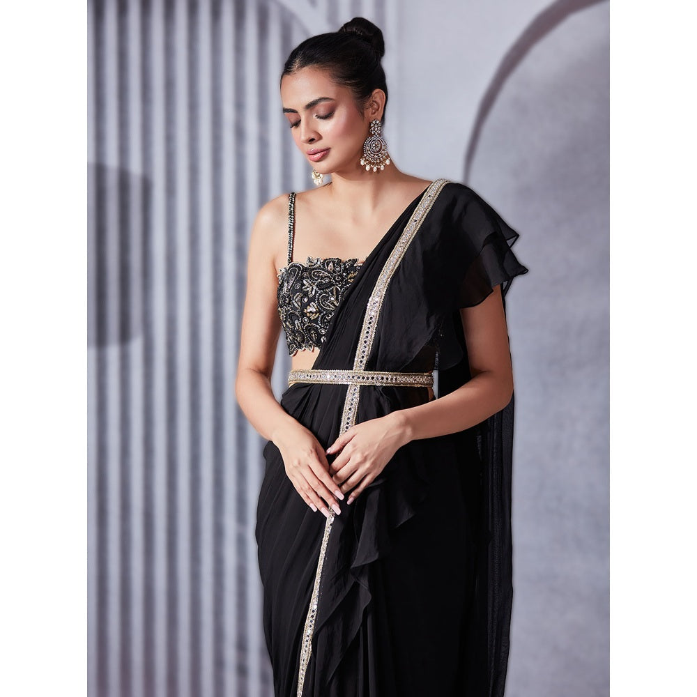 Pritika Vora Black Mirror Work Ruffle Saree with Blouse & Belt with Stitched