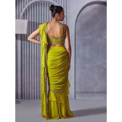 Pritika Vora Lime Green Ruffle Saree with Blouse with Stitched
