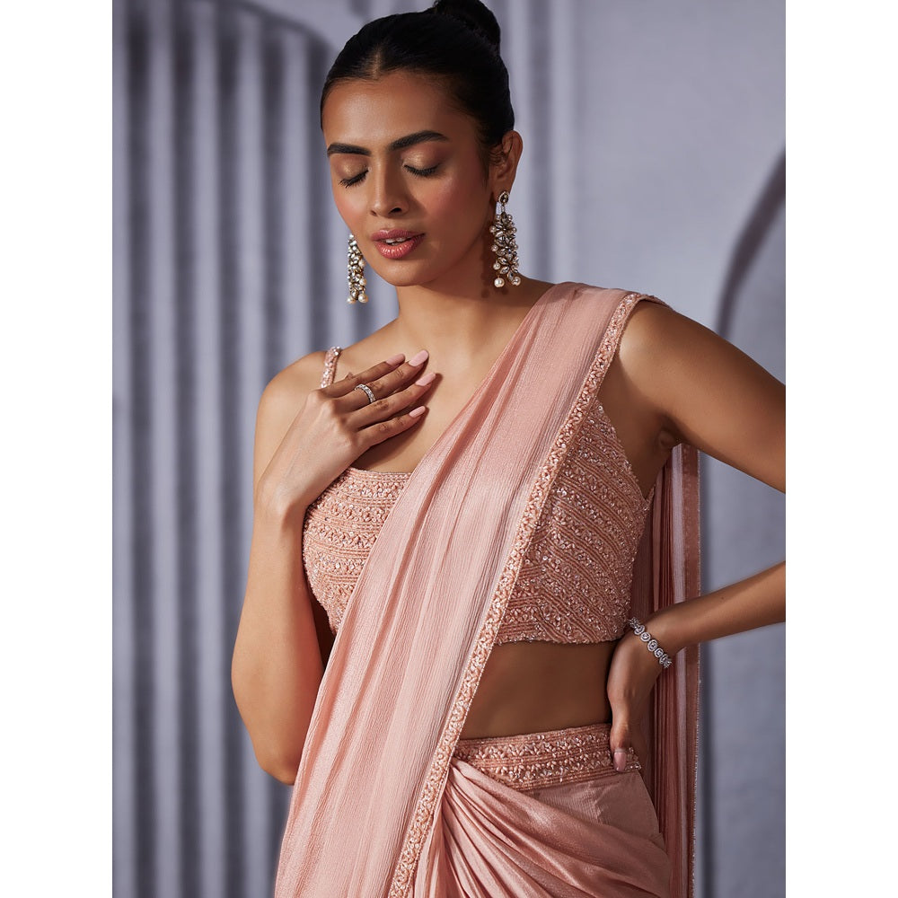 Pritika Vora Onion Pink Pearl Embellished Pre Draped Saree with Blouse with Stitched
