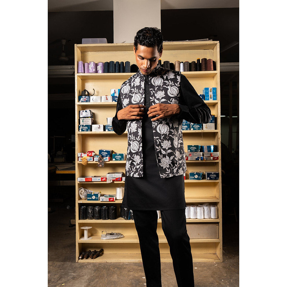 Project Bandi Black Anar Open Nehru Jacket with Kurta and Pyjama (Set of 3)