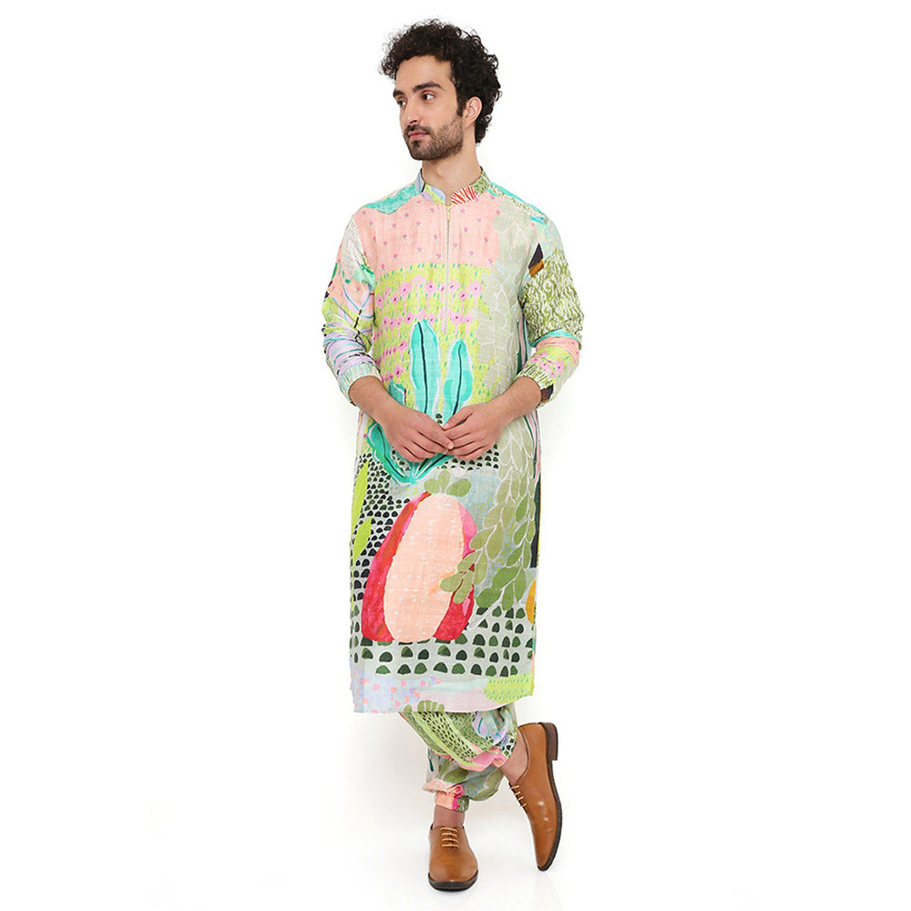 PS Men by Payal Singhal Print Dupion Silk Bomber Kurta with Jogger Pants (Set of 2)