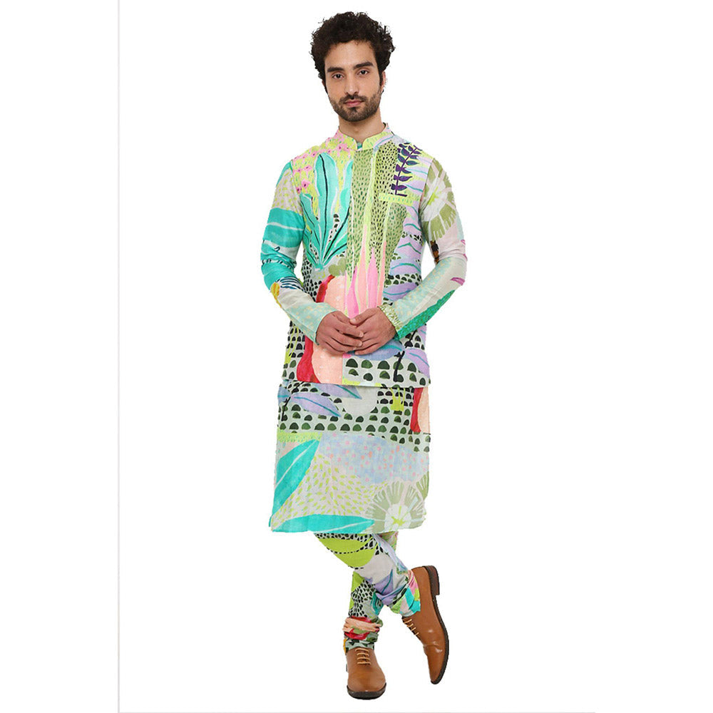PS Men by Payal Singhal Print Dupion Silk Bandi with Silkmul Kurta and Churidar (Set of 3)