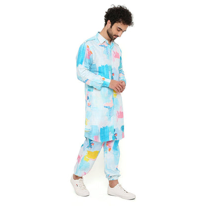 PS Men by Payal Singhal Painterly Print Dupion Silk Pathani Kurta with Jogger Pants (Set of 2)