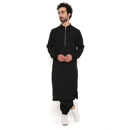 PS Men by Payal Singhal Black Soft Linen Bomber Kurta with Jogger Pant (Set of 2)
