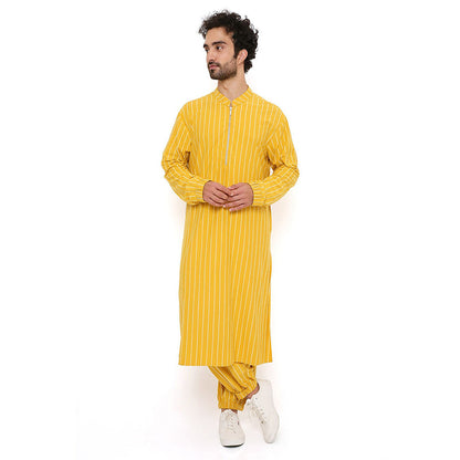 PS Men by Payal Singhal Mustard Stripe Lycra Bomber Kurta with Jogger Pant (Set of 2)