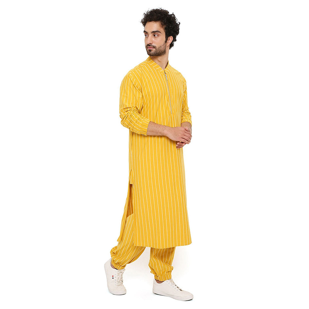 PS Men by Payal Singhal Mustard Stripe Lycra Bomber Kurta with Jogger Pant (Set of 2)