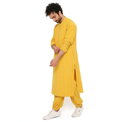 PS Men by Payal Singhal Mustard Stripe Lycra Bomber Kurta with Jogger Pant (Set of 2)