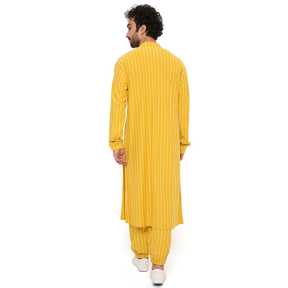 PS Men by Payal Singhal Mustard Stripe Lycra Bomber Kurta with Jogger Pant (Set of 2)