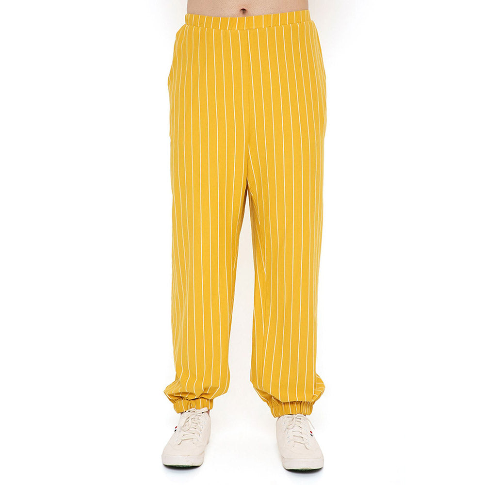 PS Men by Payal Singhal Mustard Stripe Lycra Bomber Kurta with Jogger Pant (Set of 2)