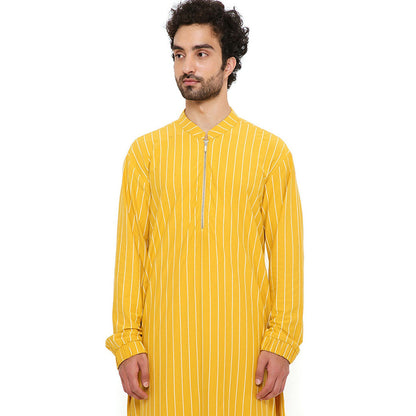 PS Men by Payal Singhal Mustard Stripe Lycra Bomber Kurta with Jogger Pant (Set of 2)