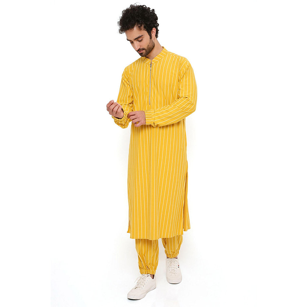 PS Men by Payal Singhal Mustard Stripe Lycra Bomber Kurta with Jogger Pant (Set of 2)
