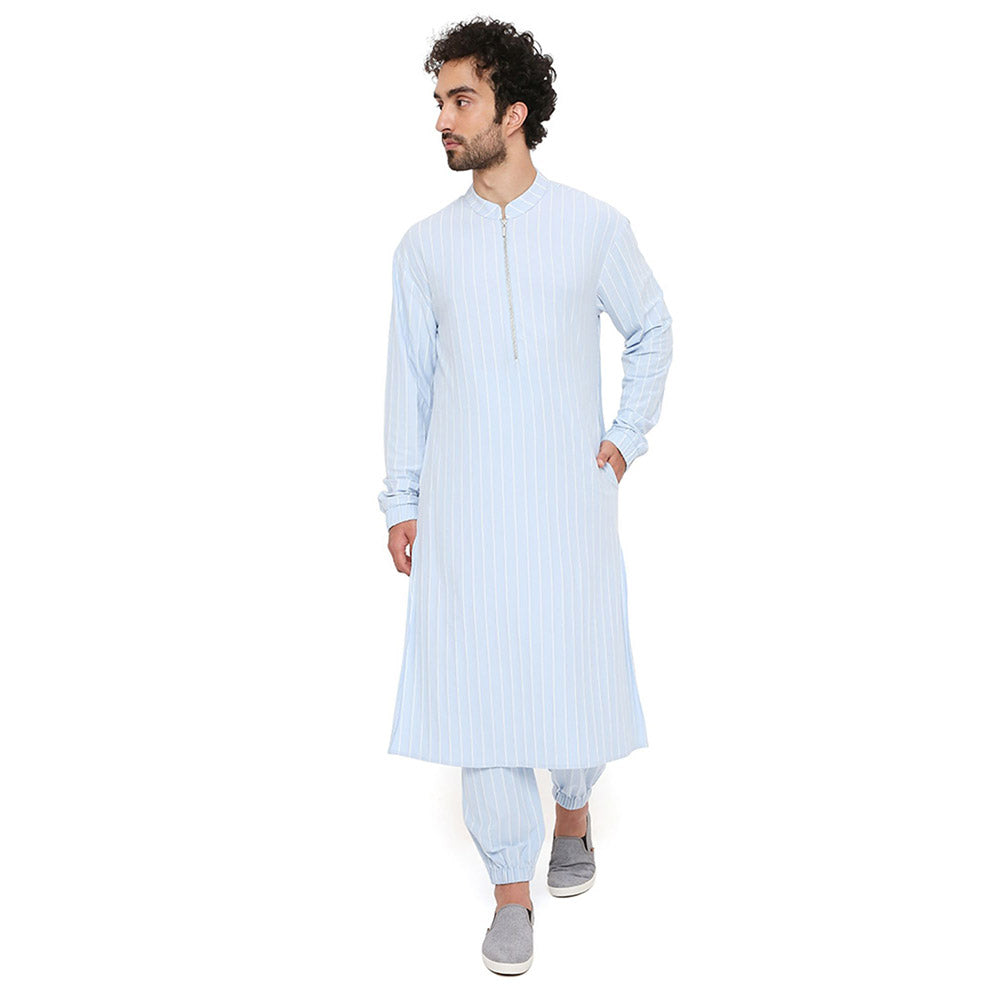 PS Men by Payal Singhal Aqua Blue Stripe Lycra Bomber Kurta with Jogger Pant (Set of 2)