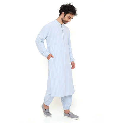PS Men by Payal Singhal Aqua Blue Stripe Lycra Bomber Kurta with Jogger Pant (Set of 2)