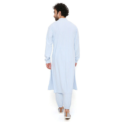 PS Men by Payal Singhal Aqua Blue Stripe Lycra Bomber Kurta with Jogger Pant (Set of 2)