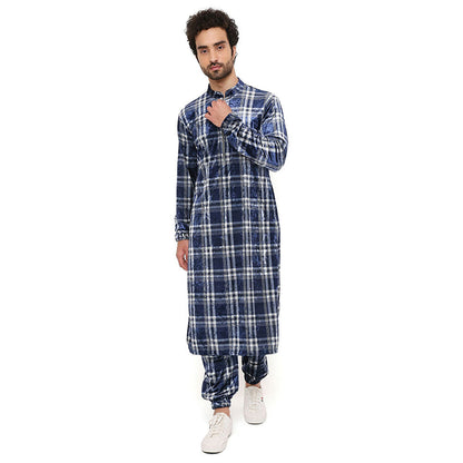 PS Men by Payal Singhal Navy with White Checks Velvet Bomber Kurta with Jogger Pant (Set of 2)