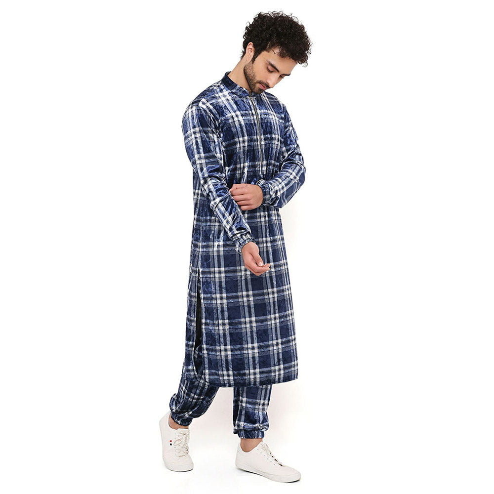 PS Men by Payal Singhal Navy with White Checks Velvet Bomber Kurta with Jogger Pant (Set of 2)