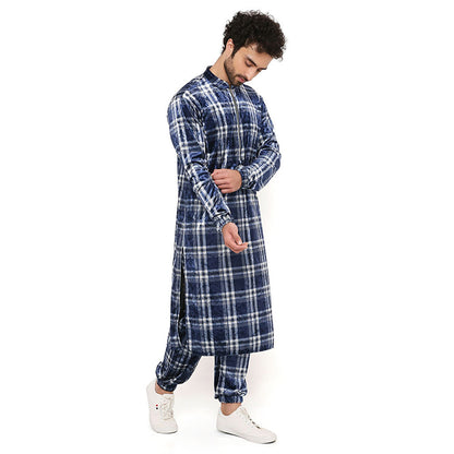 PS Men by Payal Singhal Navy with White Checks Velvet Bomber Kurta with Jogger Pant (Set of 2)