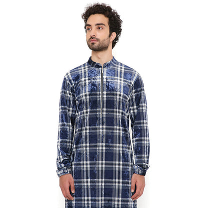 PS Men by Payal Singhal Navy with White Checks Velvet Bomber Kurta with Jogger Pant (Set of 2)