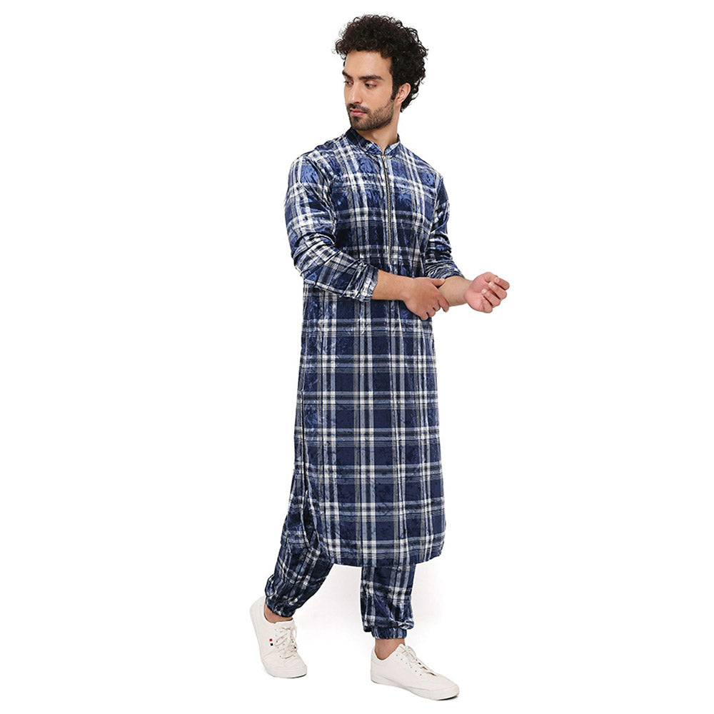 PS Men by Payal Singhal Navy with White Checks Velvet Bomber Kurta with Jogger Pant (Set of 2)