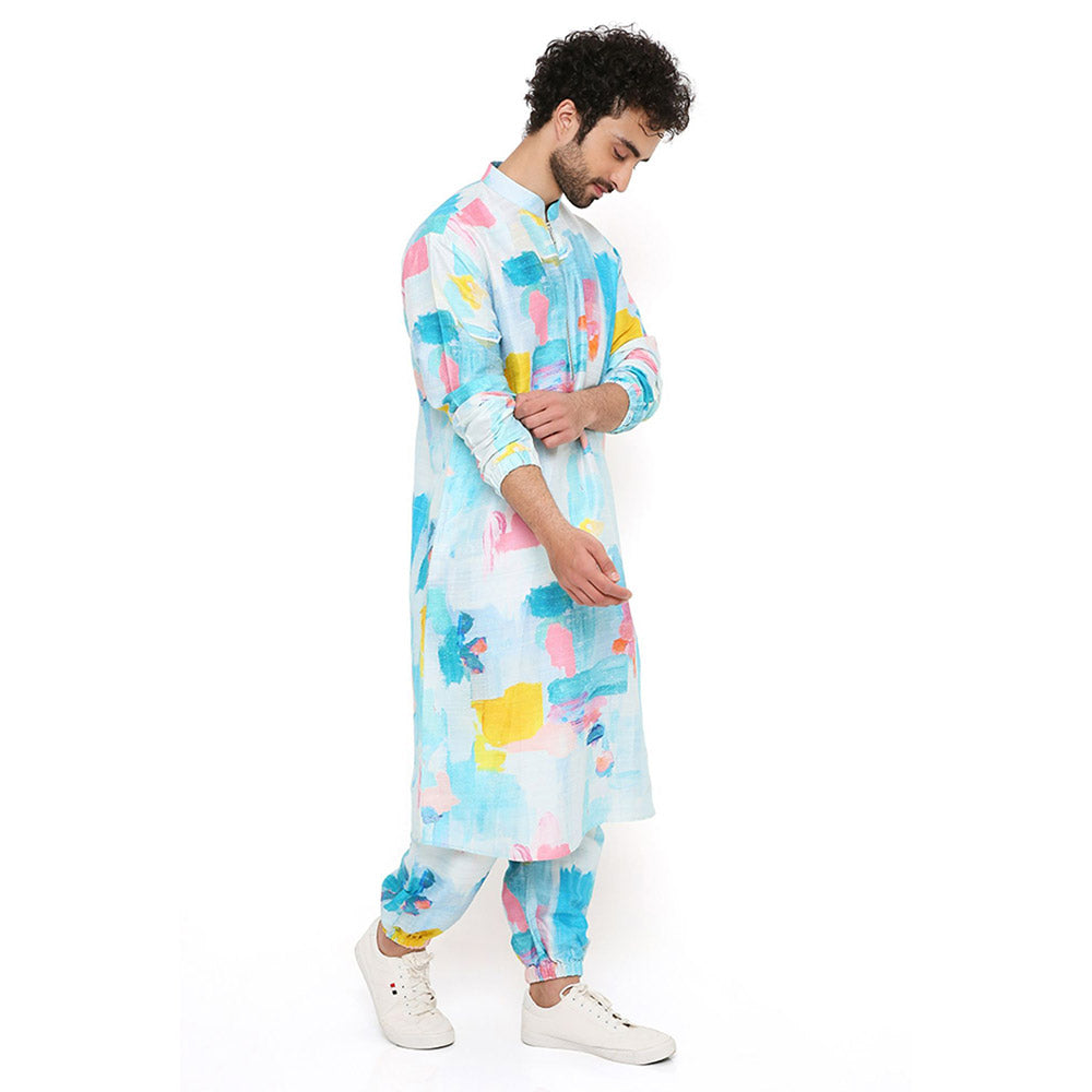 PS Men by Payal Singhal Painterly Print Dupion Silk Bomber Kurta with Jogger Pant (Set of 2)