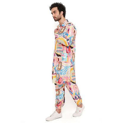 PS Men by Payal Singhal Trance Print Dupion Silk Pathani Kurta with Jogger Pant (Set of 2)