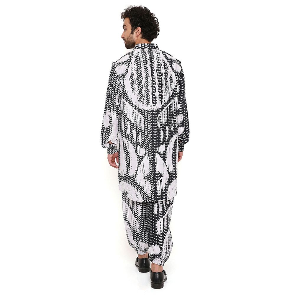 PS Men by Payal Singhal Trance Print Silk Pathani Kurta with Jogger Pant (Set of 2)